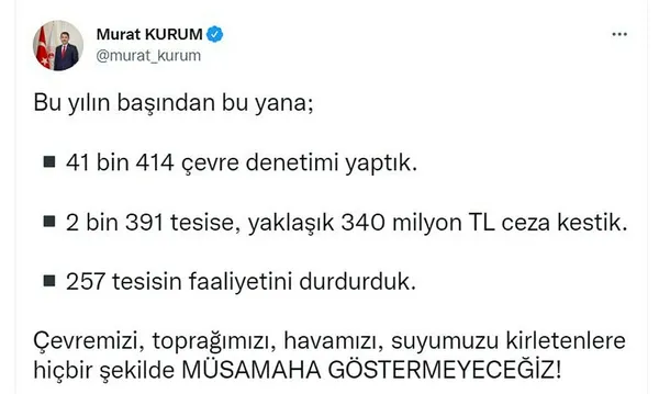 2 bin 391 tesise 340 milyon TL’lik çevre cezası! Bakan Murat Kurum açıkladı - 1