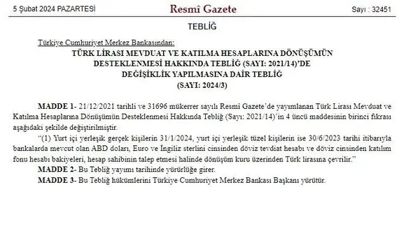 Resmi Gazete’de yayımlandı: Döviz dönüşümlü Kur Korumalı Mevduat’ta tarih uzatıldı