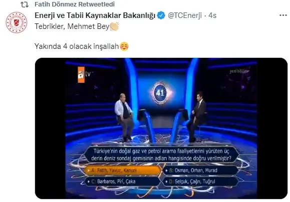 Dikkat çeken "Kim Milyoner Olmak İster?" paylaşımı! Bakan Fatih Dönmez: Yakında 4 olacak - 4