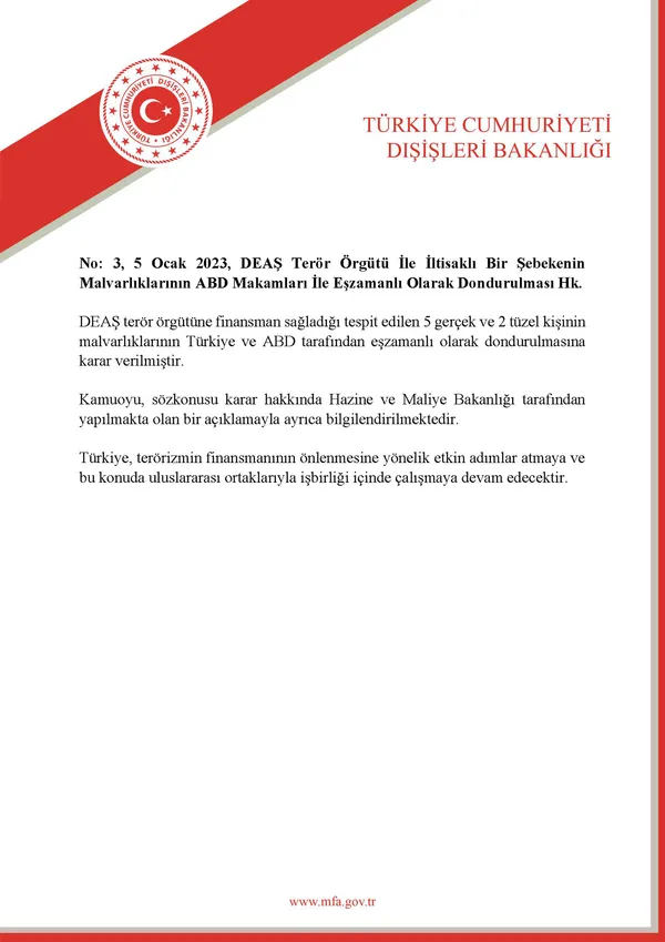 Dışişleri ile Hazine Bakanlıklarından DEAŞ şebekesinin malvarlıklarının dondurulmasına ilişkin açıklama - 1