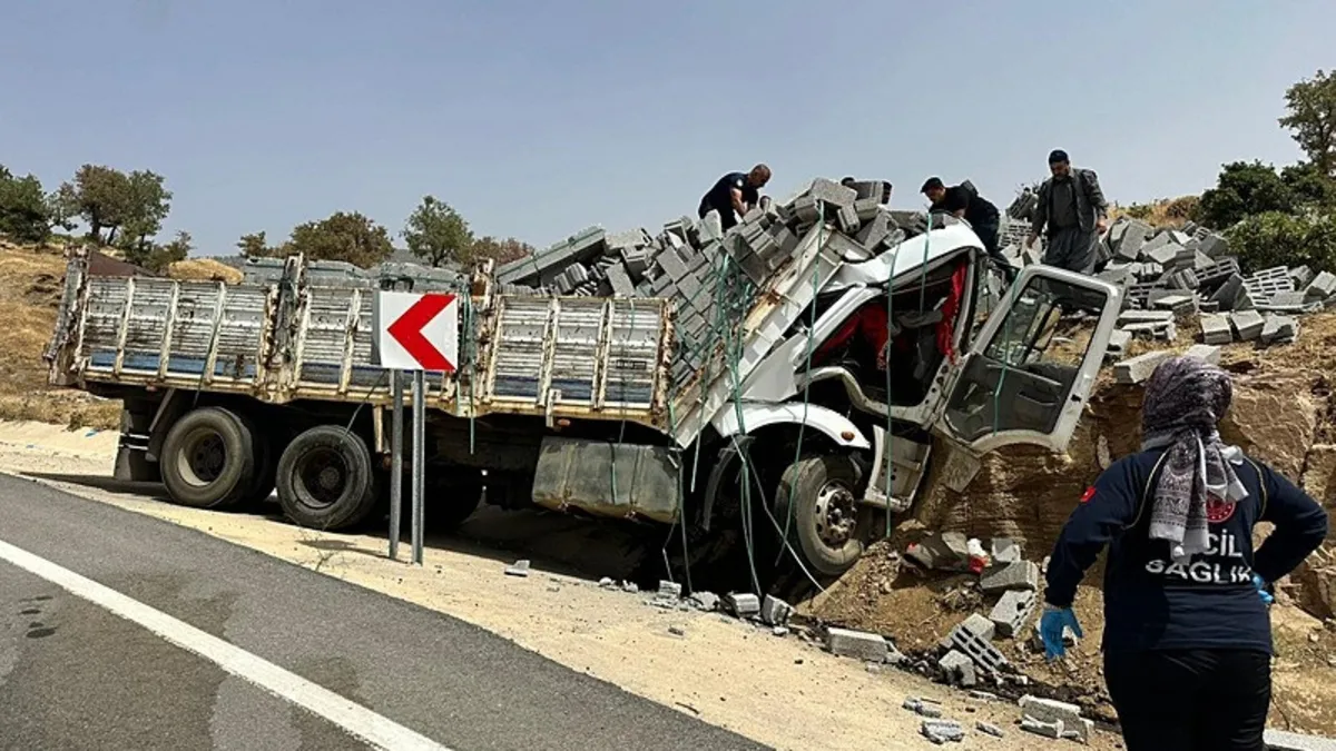 Bitlis'te briket yüklü kamyon kayalıklara çarpıp devrildi