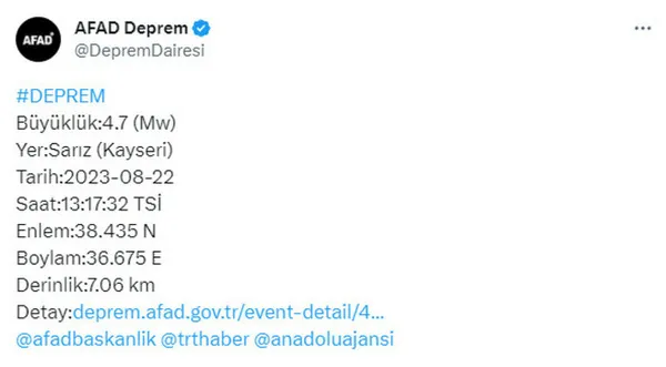 22 Ağustos Kayseri’de deprem mi oldu, kaç şiddetinde? Malatya, Sivas, Niğde, Kadirli... AFAD Kandilli son depremler listesi 2023!