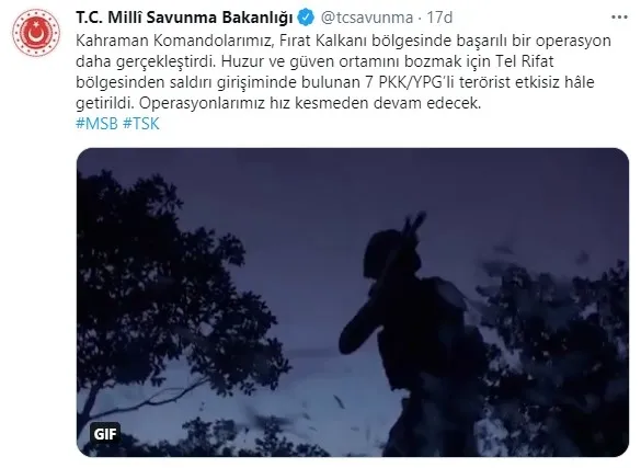MSB: Tel Rıfat bölgesinde 7 PKK-YPG’li terörist öldürüldü