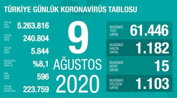 14 Ağustos koronavirüs tablosu: Türkiye’de corona virüsü vaka sayısı kaç oldu? Koronadan kaç kişi öldü?