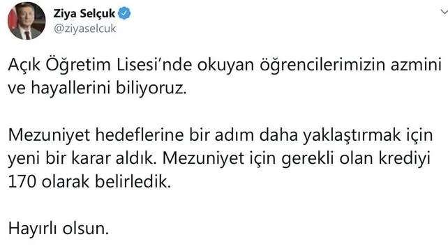 Son dakika: Milli Eğitim Bakanı Ziya Selçuk açıkladı! Açık Öğretim Lisesi’nde okuyan öğrenciler için kredi müjdesi