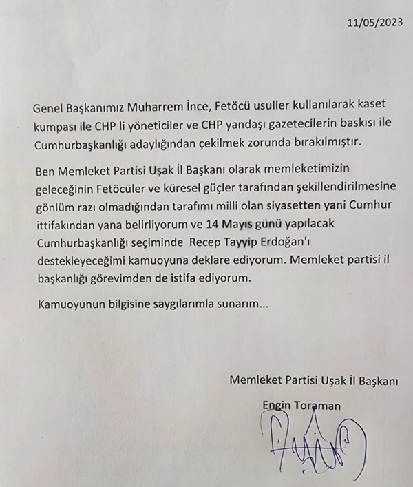 Muharrem İnce’ye FETÖ kumpası sonrası Memleket Partisi’nden Başkan Erdoğan’a destek kararı