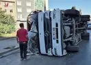 Virajı alamayan kamyon yan yattı!