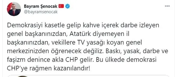 Ak Parti Istanbul Il Baskani Bayram Senocak Tan Chp Li Ozgur Ozel E Sert Tepki Baski Yasak Darbe Ve Fasizm Denince Akla Chp Gelir