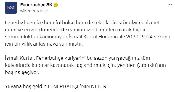 Fenerbahçe’nin yeni teknik direktörü İsmail Kartal!