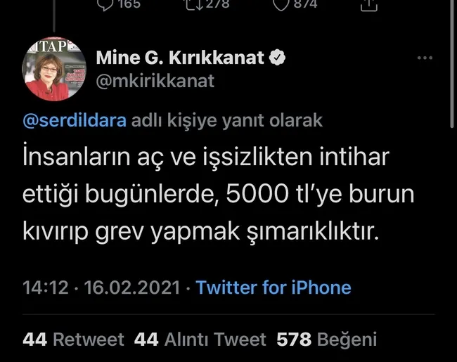 Cumhuriyet gazetesi yazarı Mine Kırıkkanat’tan grev yapan işçilere şımarık yakıştırması!