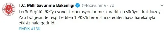 Milli Savunma Bakanlığı: Zap bölgesinde 1 PKK’lı öldürüldü