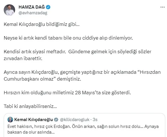 Kemal Kılıçdaroğlu’nun alçak sözlerine AK Parti’den sert yanıt: Hırsızın kim olduğunu millet 28 Mayıs’ta size gösterdi