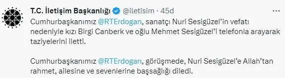 Başkan Erdoğan’dan sanatçı Nuri Sesigüzel’in ailesine taziye