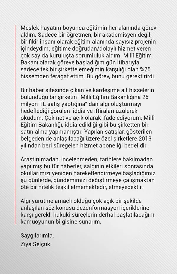 Milli Eğitim Bakanı Ziya Selçuk’tan Sözcü Gazetesi ve Oda TV’nin iddialarına yalanlama