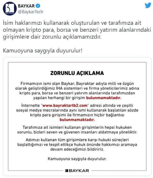 Baykar adına açılan kripto para ve borsa sitelerine ilişkin açıklamada bulundu