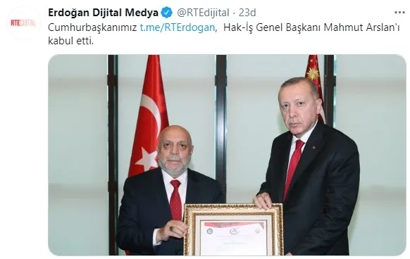 Son dakika | Başkan Erdoğan Hak-İş Genel Başkanı Mahmut Arslan’ı kabul etti