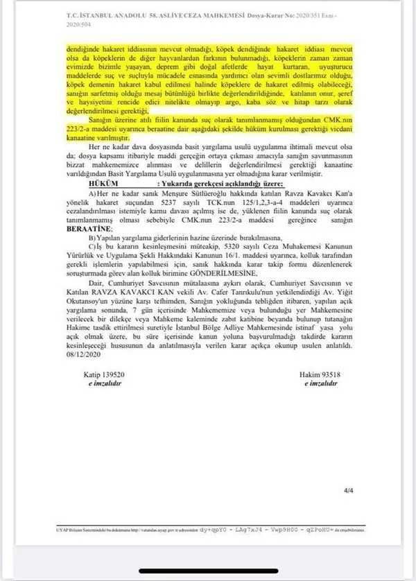 Hakim Özlem Yayla’dan skandal: Verdiği karara erişim engeli istedi! AK Parti İstanbul Milletvekili Ravza Kavakcı’ya köpek diyen kadına beraat verdi