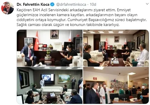 Sağlık Bakanı Fahrettin Koca’dan Ankara Keçiören’de saldırıya uğrayan sağlık çalışanlarına ziyaret