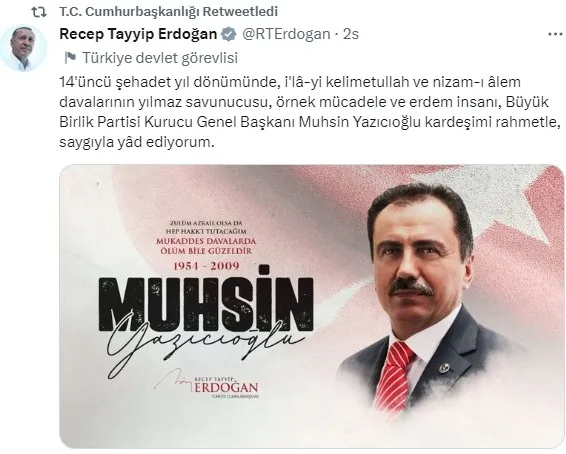 Başkan Erdoğan Muhsin Yazıcıoğlu’nu ölümünün 14. yılında yad etti
