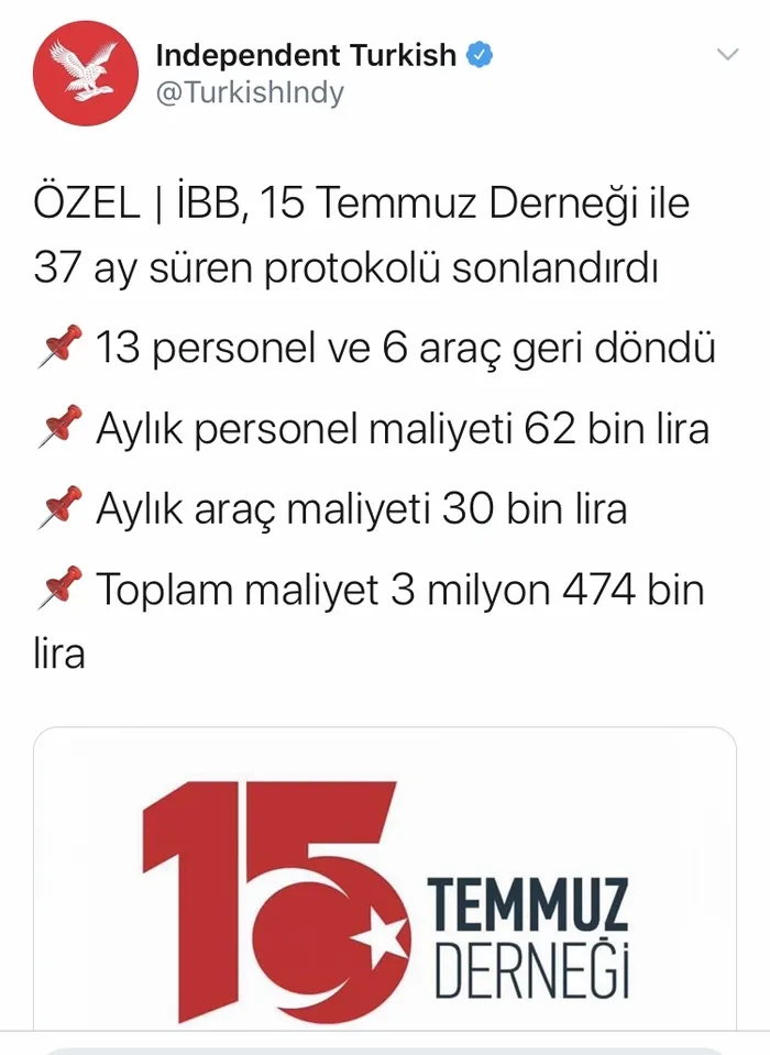 İBB 15 Temmuz Derneği ile arasında yapılan protokolü iptal ettiğini ilk olarak Independent Türkçe’ye bildirdi