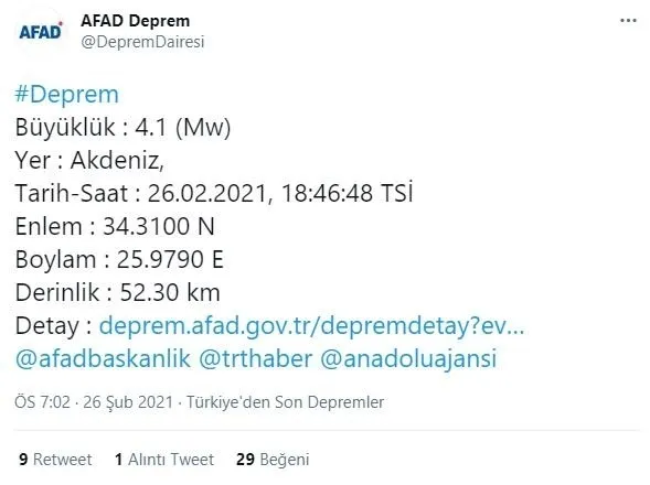 akdenizde-41-buyuklugunde-korkutan-deprem-son-dakika-aciklamasi-afad-ve-kandilli-rasathanesi-son-depremler-1614356087366.jpg Akdeniz'de 4,1 büyüklüğünde korkutan deprem! Son dakika açıklaması... AFAD ve Kandilli Rasathanesi son depremler - 1