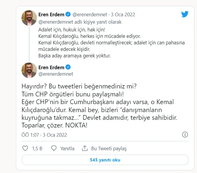 Son dakika: CHP'de adaylık savaşı sürüyor! Eren Erdem "Kılıçdaroğlu aday olmalı" deyince Ekrem İmamoğlu'nun trollerinden linç yedi - 1