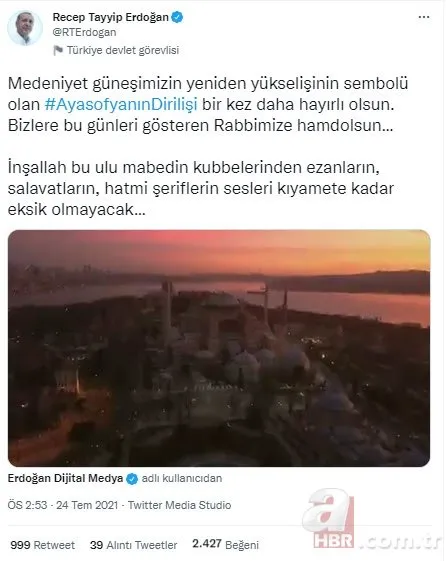 Başkan Erdoğan'dan Ayasofya Camii paylaşımı: Ezanların, salavatların, hatmi şeriflerin sesleri kıyamete kadar eksik olmayacak