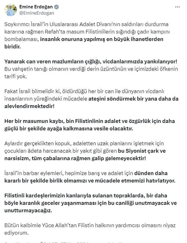 Emine Erdoğan’dan katil İsrail’in Refah katliamına sert tepki: İçimizdeki öfkenin tarifi yok