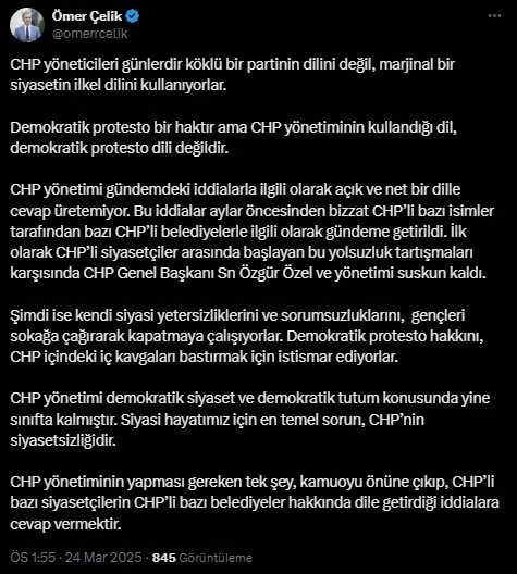 AK Parti Sözcüsü Ömer Çelik'in sosyal medya paylaşımı (X)