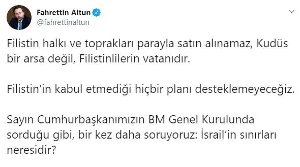 Cumhurbaşkanlığından net mesaj: "Filistin'in kabul etmediği hiçbir planı desteklemeyeceğiz"