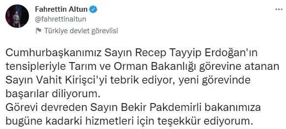 Son dakika: Tarım Bakanlığında devir teslim | Vahit Kirişçi görevi Bekir Pakdemirli’den devraldı