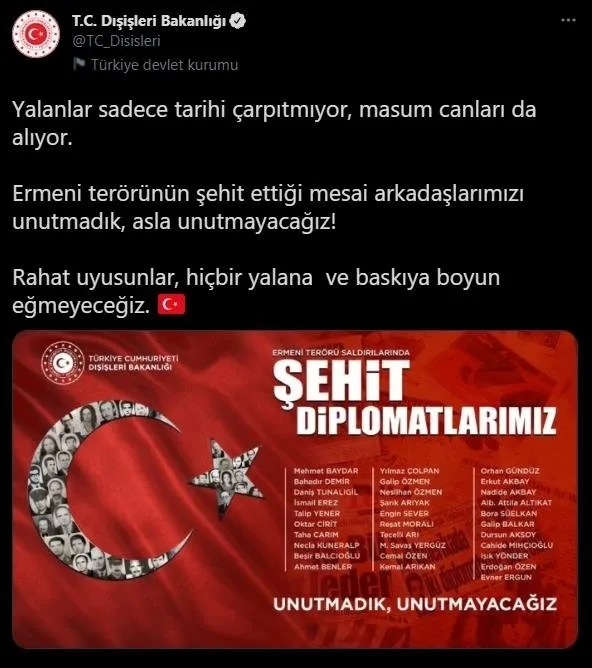 Son dakika: Dışişleri Bakanlığından Ermeni terörüne kınama: Hiçbir yalana ve baskıya boyun eğmeyeceğiz