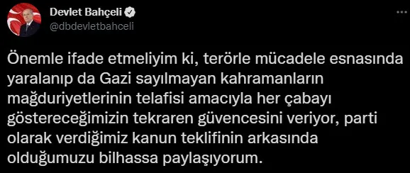 MHP Genel Başkanı Devlet Bahçeli 19 Eylül Gaziler Günü mesajı