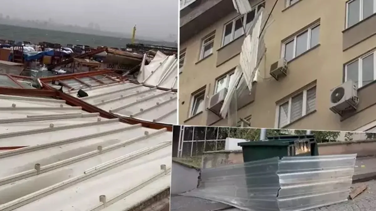 Beşiktaş'ta kuvvetli rüzgarın etkisiyle binanın çatısından parçalar koptu