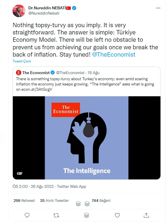 Hazine ve Maliye Bakanı Nureddin Nebati’den The Economist dergisine kapak gibi yanıt: Bizi izlemeye devam edin