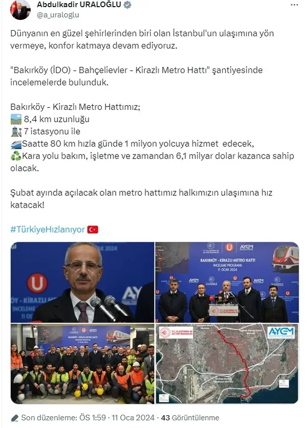 Bakırköy Kirazlı Metro Hattı için tarih belli oldu! Bakan Abdulkadir Uraloğlu açıkladı