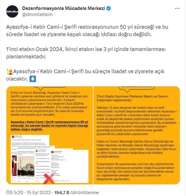 Cumhurbaşkanlığı Ayasofya-i Kebir Camii’nin restorasyonuyla ilgili iddiaları yalanladı