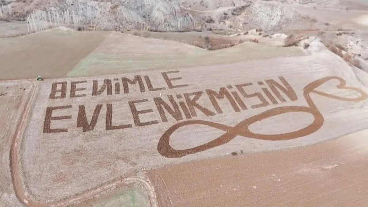 Aşkını tarlaya yazdı ‘Evet’ cevabını aldı