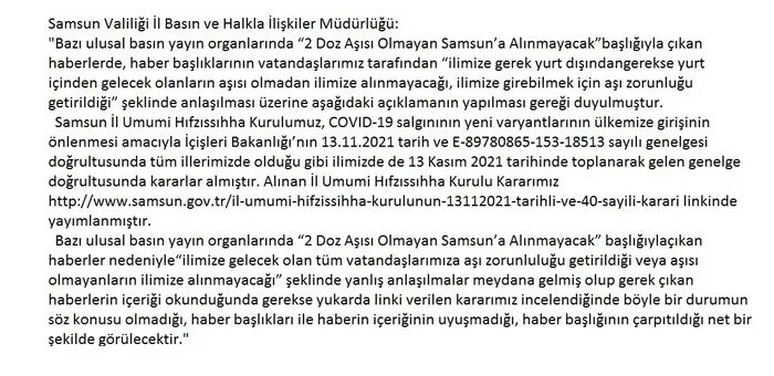 SON DAKİKA: Samsun Valiliğinden “2 doz aşısı olmayan Samsun’a alınmayacak” haberine açıklama! - 3