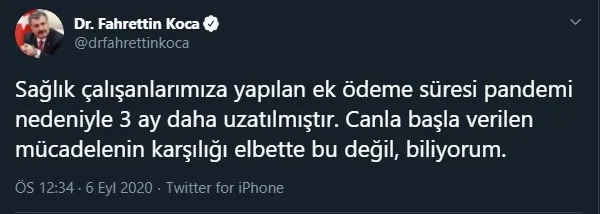 Bakan Koca: Ek ödeme süresi pandemi nedeniyle 3 ay daha uzatıldı