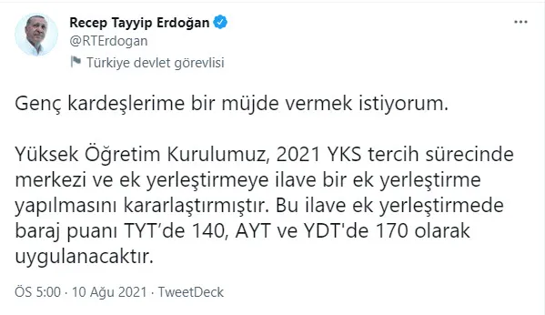 Son dakika: Başkan Erdoğan açıkladı! YKS baraj puanı düştü