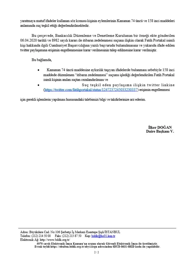 Bankacılık Düzenleme ve Denetleme Kurumu Fatih Portakal hakkında suç duyurusunda bulundu