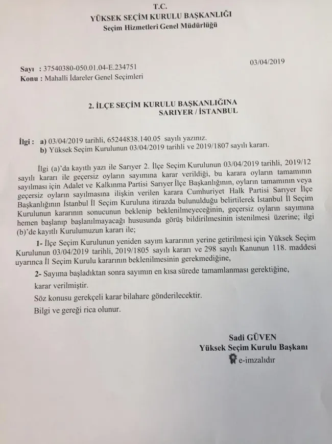Son dakika: YSK'dan Sarıyer talimatı - 1