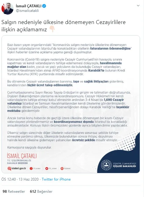 İçişleri Bakanlığından Cezayir vatandaşlarının İstanbul’da konakladıkları otellerin faturası ödenmedi haberlerine ilişkin açıklama