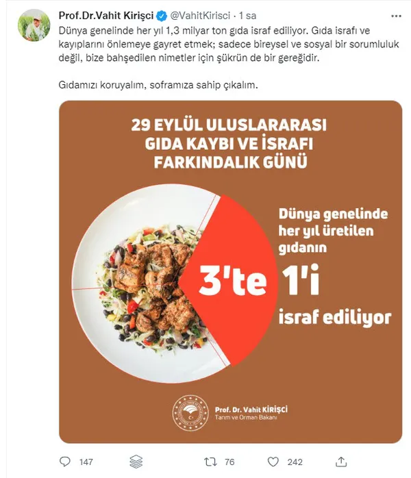 Tarım ve Orman Bakanı Vahit Kirişci, gıda israfına karşı çağrı yaptı - 1