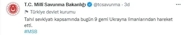 MSB: Tahıl sevkiyatı için 9 gemi hareket etti