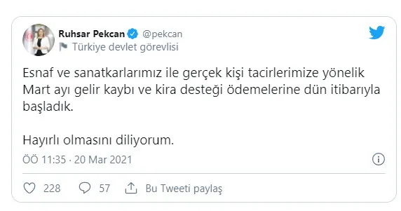 Son dakika: Ticaret Bakanı Ruhsar Pekcan duyurdu: Gelir kaybı ve kira desteği ödemeleri başladı