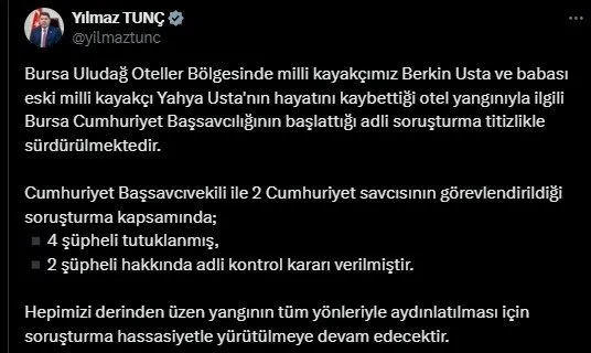 Bakan Tunç duyurdu: Uludağ'da meydana gelen otel yangınına ilişkin 4 kişi tutuklandı.