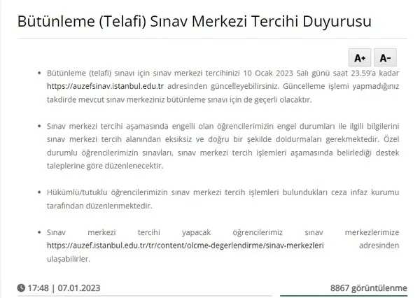 İÜ AUZEF güz dönemi telafi sınavı hangi tarihte yapılacak? AUZEF BÜTÜNLEME SINAVI: 2023 AUZEF bütünleme sınavları ne zaman?