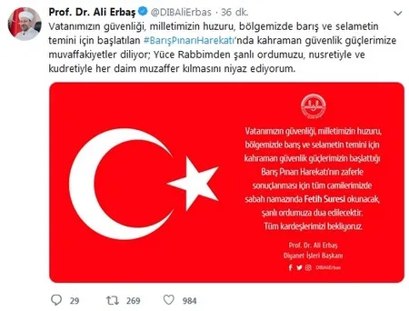 Barış Pınarı Harekatı’na destek için camilerde Fetih Suresi okunacak